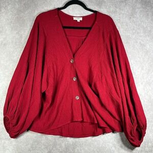 UMGEE Top Womens Large Red Textured‎ Balloon Sleeves Button Front V-Neck Boho